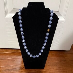 Vintage Chinese Export SHOU Hand Painted White & Cobalt Blue Porcelain Necklace